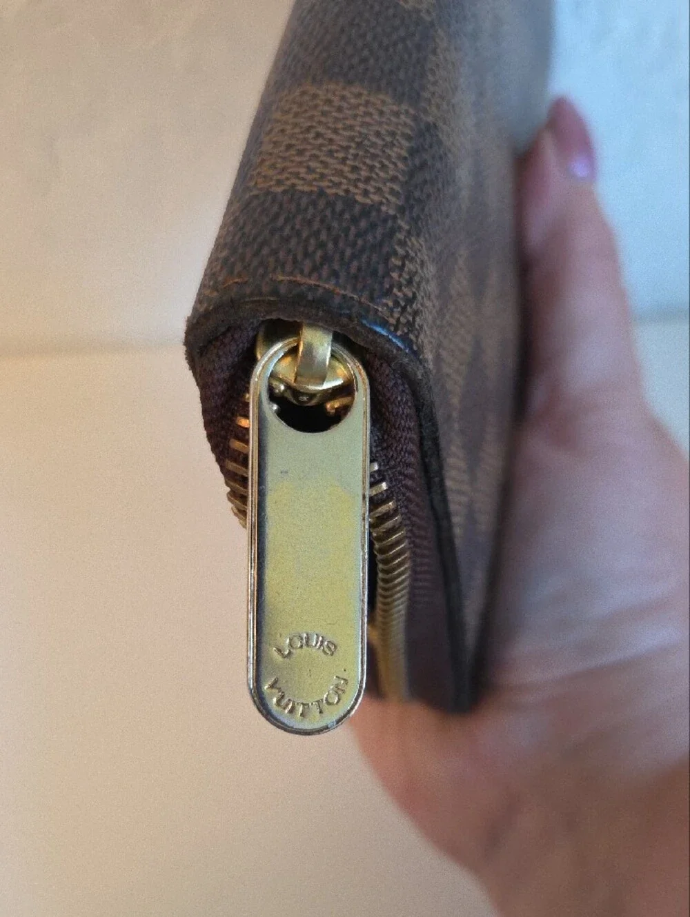 Louis Vuitton Brown Textured Leather Wallet Organazer with Red Logo Stamp